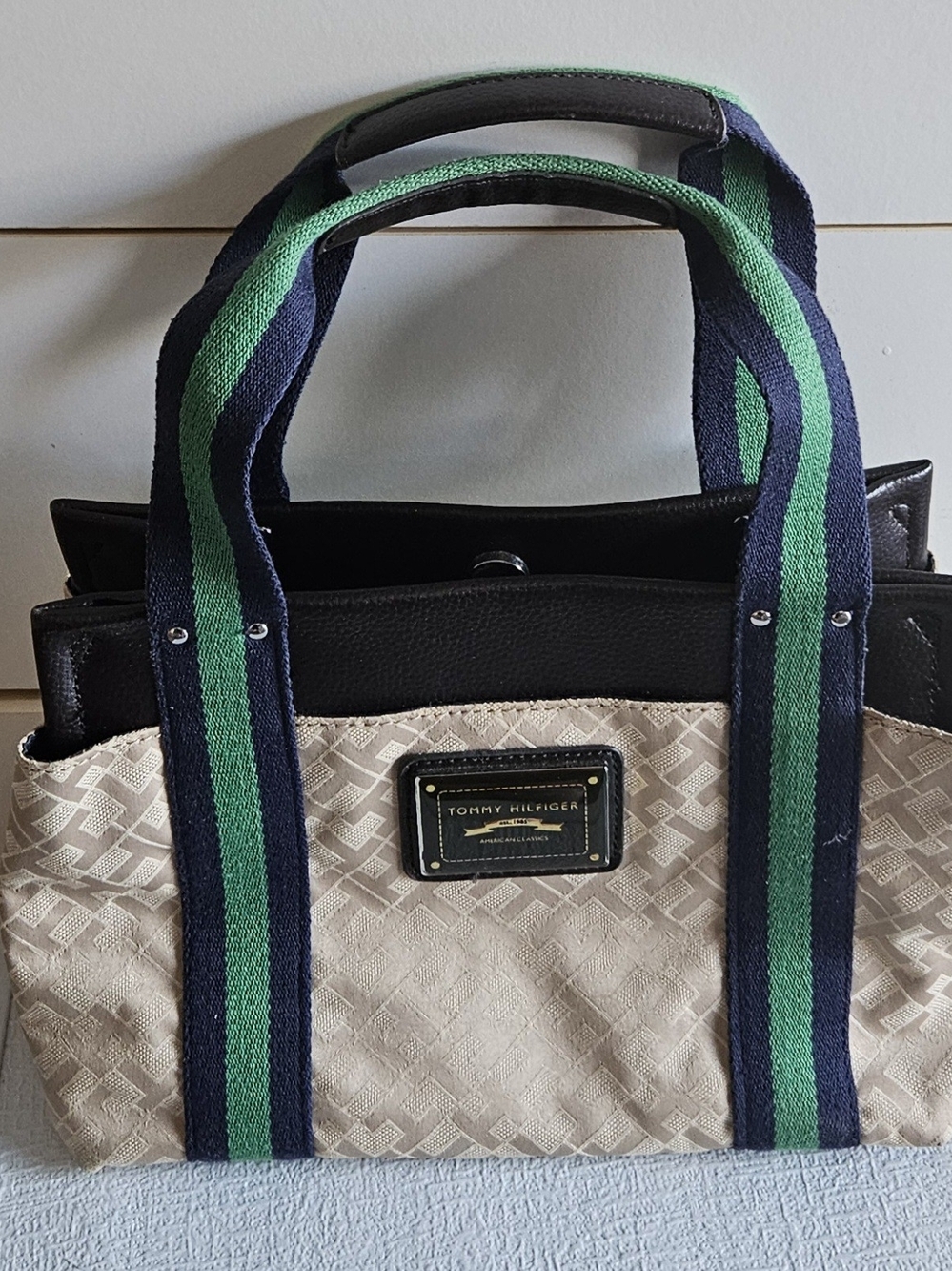 Tommy Hilfiger Beige Canvas Tote with Navy & Green Striped Handles